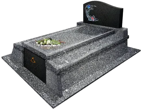 Tombeau en granit gris chiné avec stèle gravée et emplacement pour fleurs.