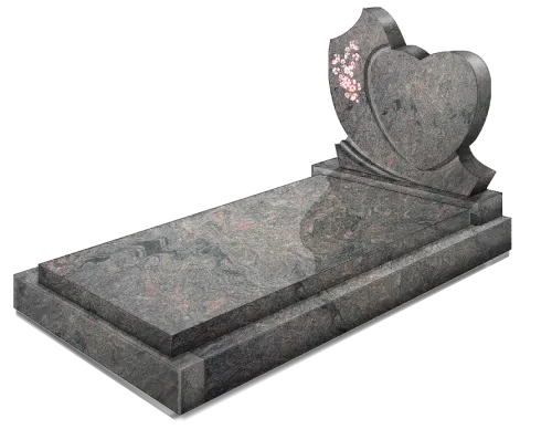 Pierre tombale en granit gris foncé avec stèle sculptée en forme de double cœur.